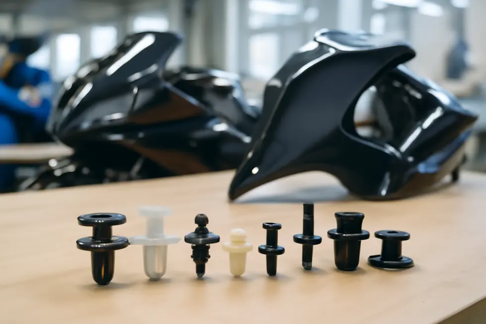 Photo-realistic image showing different motorcycle fairing clips next to fairing panels on a workshop bench.