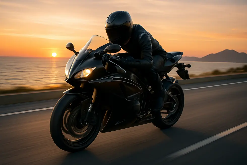 Sport motorcycle on coastal highway at sunset with sleek full race fairing showcasing aerodynamic features and rider protection.