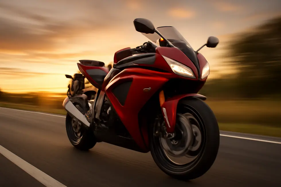 Photo-realistic image showing a sport motorcycle with full fairing racing along an open highway at sunset, motion blurred background.