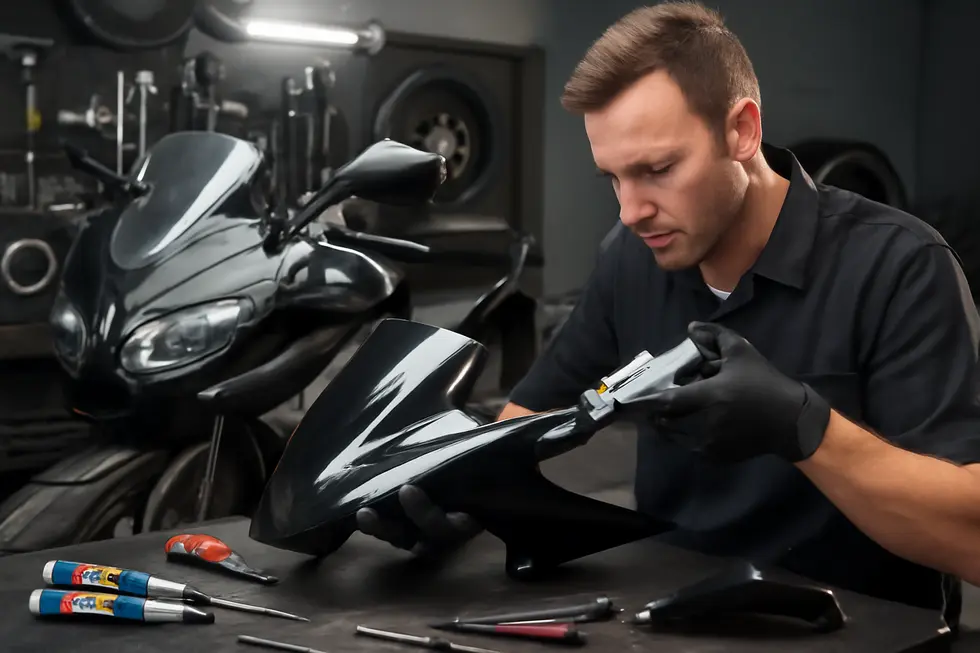 Technician carefully applying two-part epoxy glue to a motorcycle fairing in a well-equipped repair workshop.