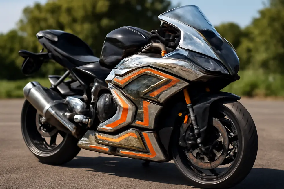 Photo-realistic image of a motorcycle highlighting layered fairing insulation including heat shields and protective adhesives.