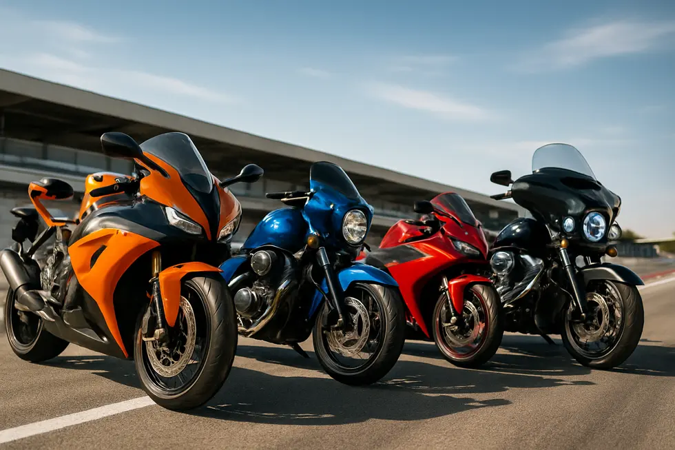 Multiple motorcycles lined up outdoors with different fairing kits showcasing variety in design, colors, and lighting enhancements.