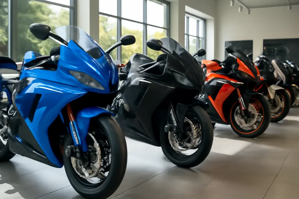 Wide-angle view of a motorcycle showroom displaying multiple motorcycles with different fairing kits including carbon fiber and custom paint designs.