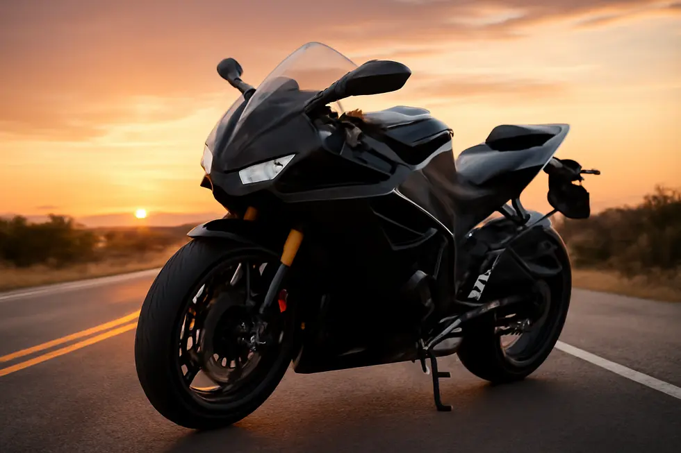 Sport motorcycle with stylish aerodynamic fairings riding on an open road during sunset.