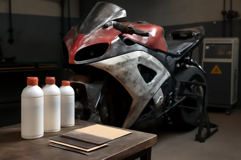 Motorcycle with removed fairings on stand surrounded by paint removal tools showing chemical stripper, sandpaper, and laser machine.