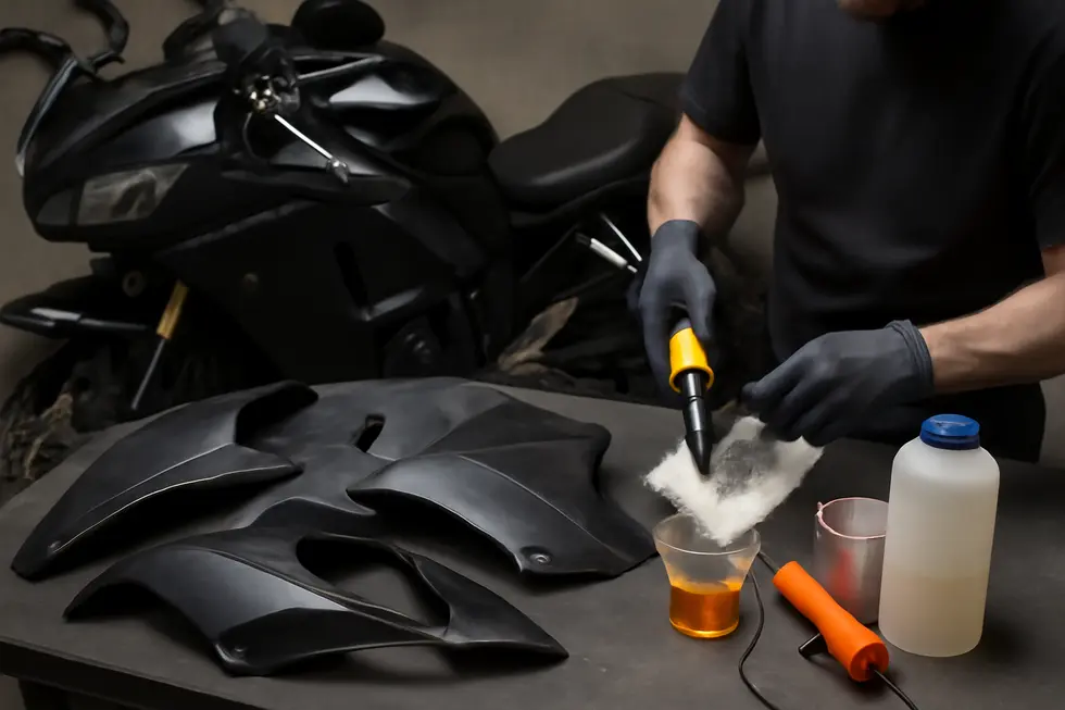 Motorcycle repair workshop with tools and removed plastic fairings ready for welding and fiberglass repairs.