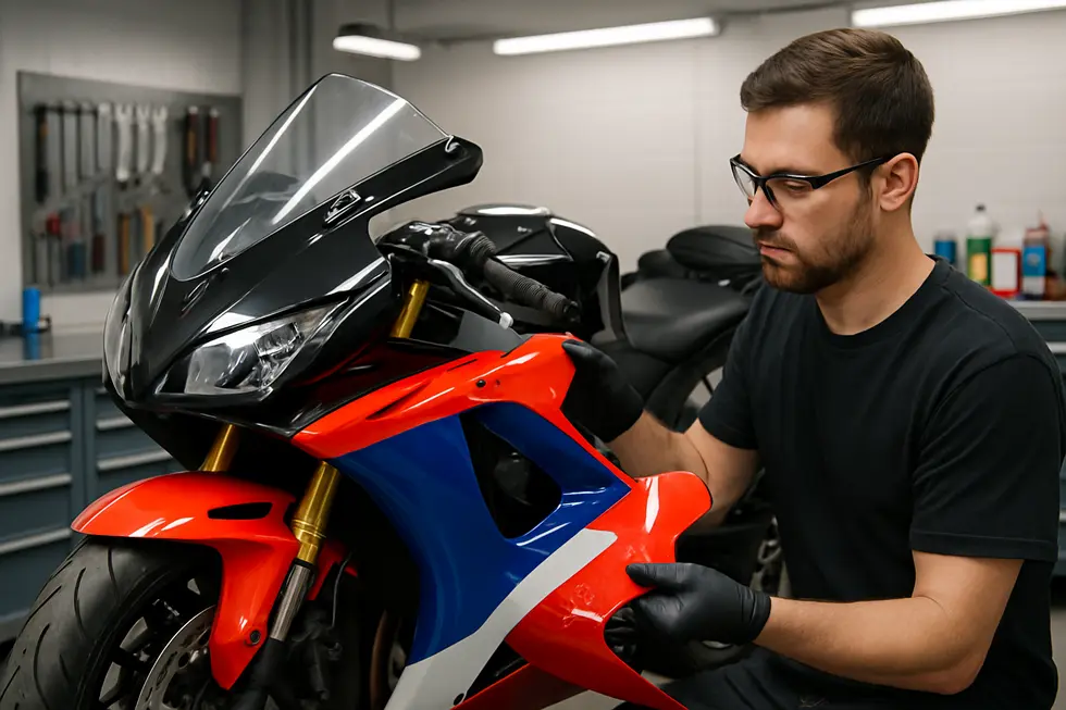 Photo-realistic image of a mechanic in a clean workshop removing and repairing colorful motorcycle fairings with tools and paint supplies nearby.