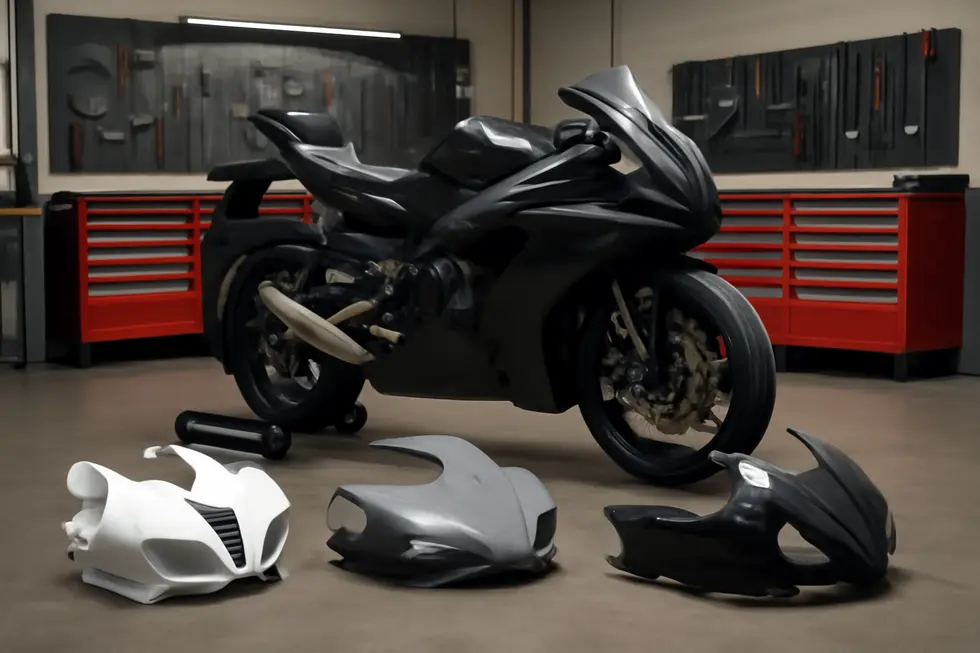 Motorcycle shop with sportbike on stand surrounded by different material fairing panels ready for replacement.