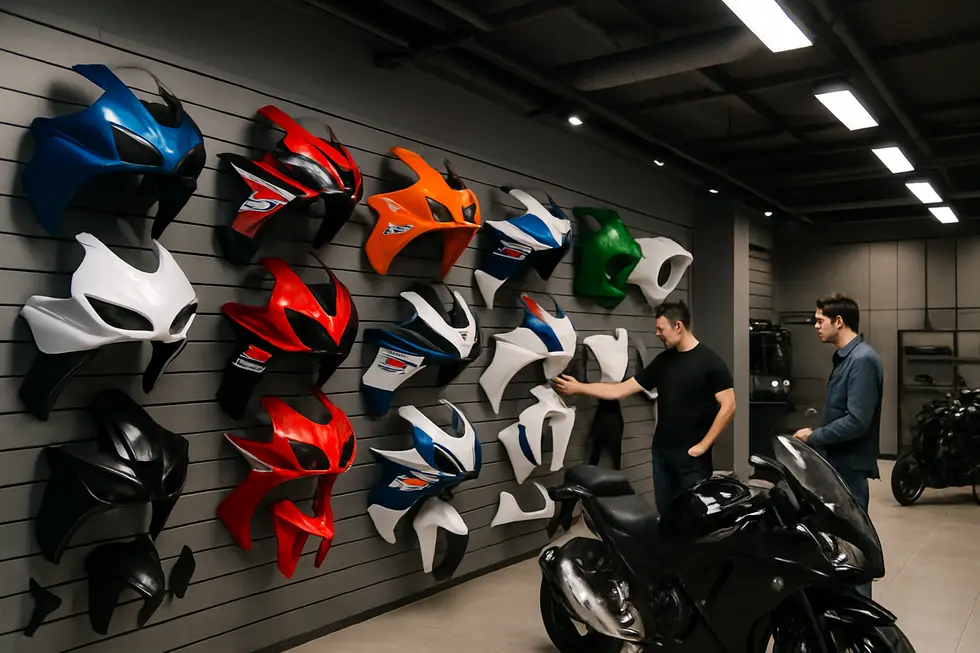 Wide-angle view of a motorcycle parts showroom with multiple brand motorcycle fairings displayed on shelves and racks, illustrating availability and variety.