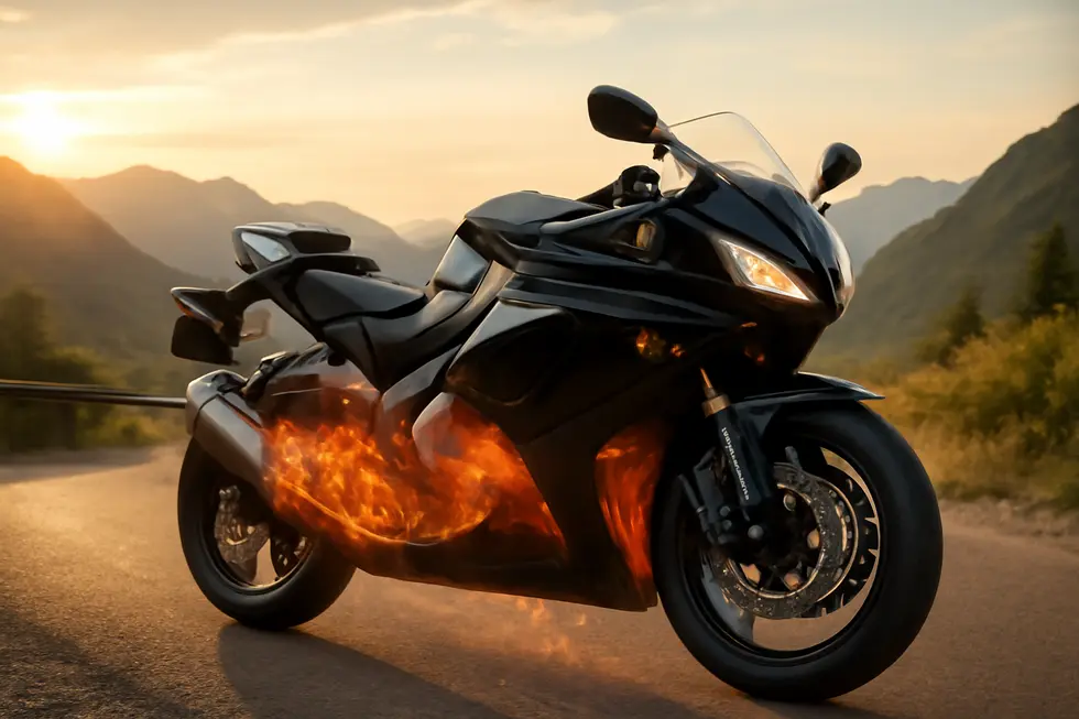 Photo-realistic image of a motorcycle with heat shield fairing parked on a mountain road at sunset, illustrating thermal protection benefits.