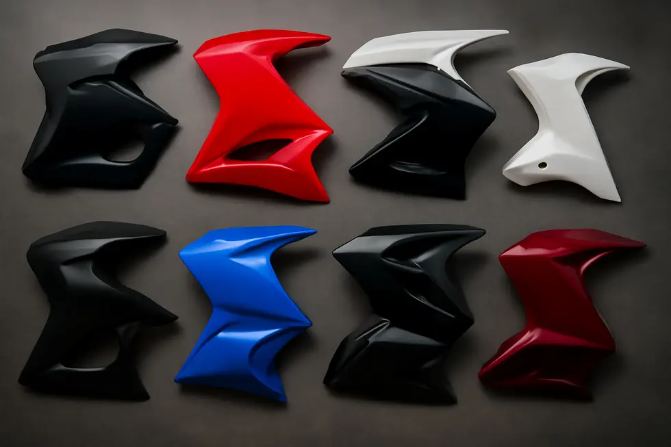 An assortment of motorcycle lower fairings displayed, illustrating the range of styles available for different motorcycles.