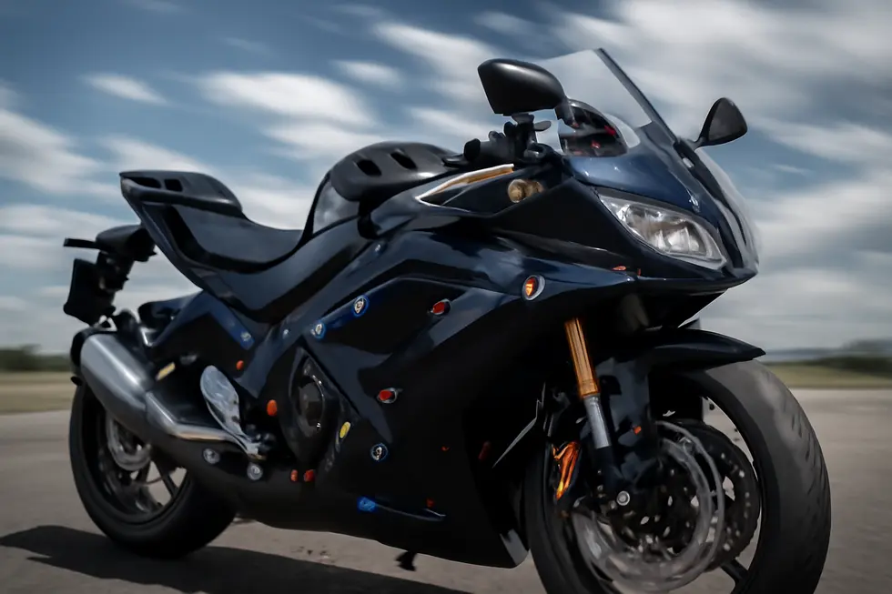 Wide-angle image of a motorcycle with colorful anodized fairing bolts securing aerodynamic fairings against an outdoor backdrop.