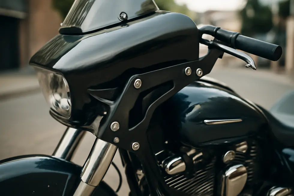Close-up view of a mounted motorcycle fairing bracket assembly on a touring motorcycle highlighting construction detail.