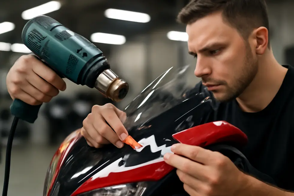 Technician removing decals from a motorcycle fairing with heat gun and plastic scraper in a workshop.