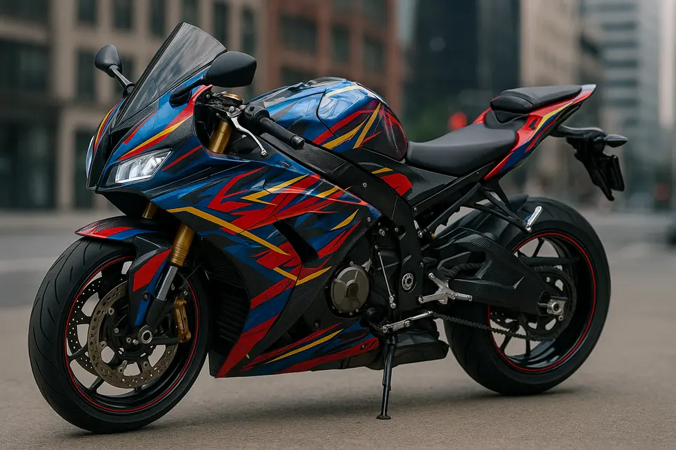 Photo-realistic image of a motorcycle with brightly colored, textured decals on its fairings against a city background.