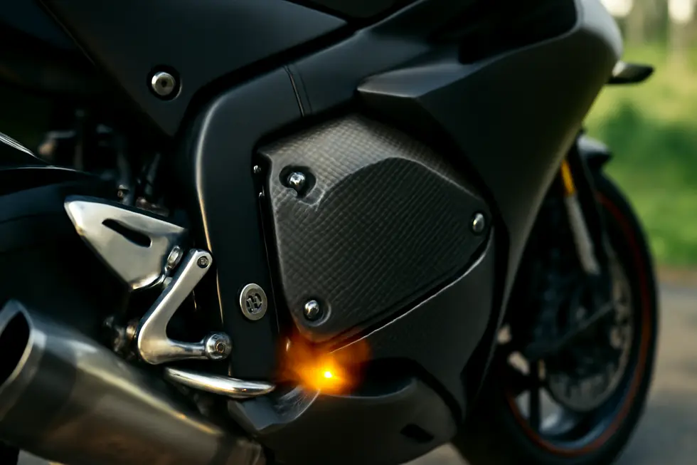 Detailed image of a motorcycle fairing heat shield installed by the exhaust with visible carbon fiber texture and metallic parts.