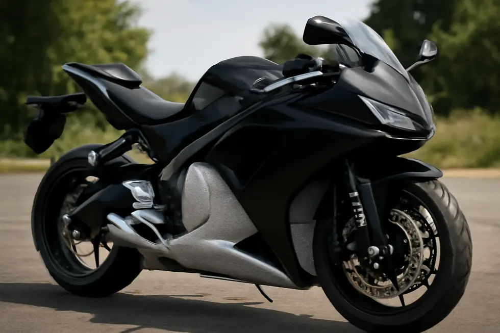 Sport motorcycle showing heat shield materials applied to fairings near the exhaust area in bright daylight.