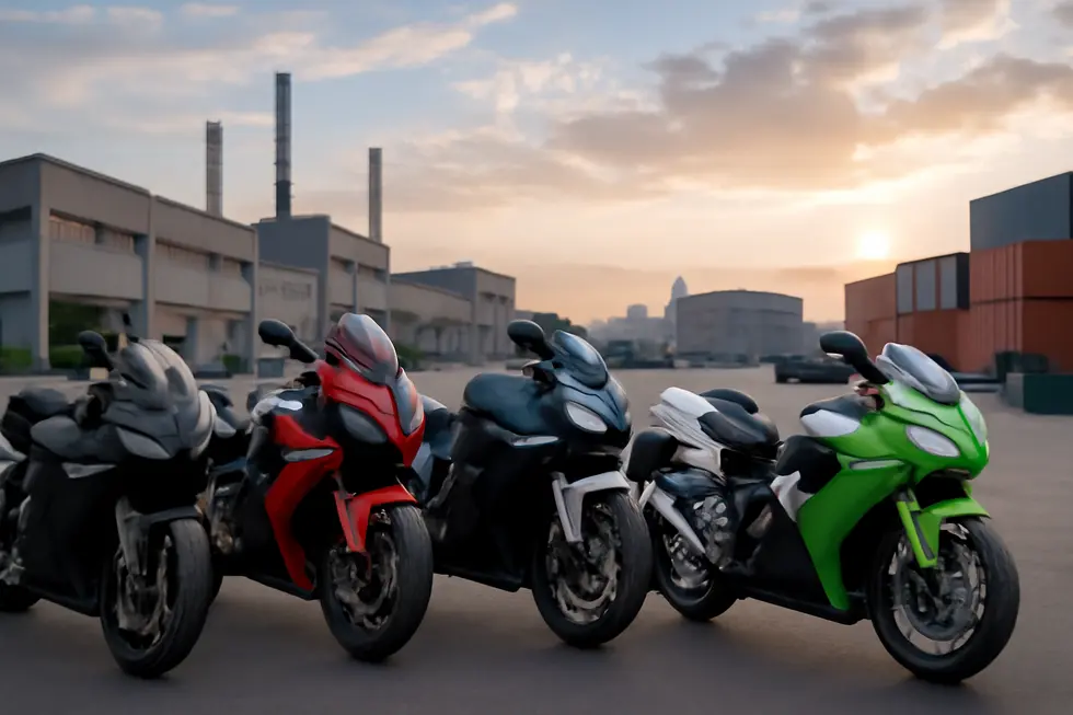 Kolekcja motocykli z różnymi osłonami, zakładami produkcyjnymi i kontenerami transportowymi reprezentującymi branżę osłon motocyklowych.