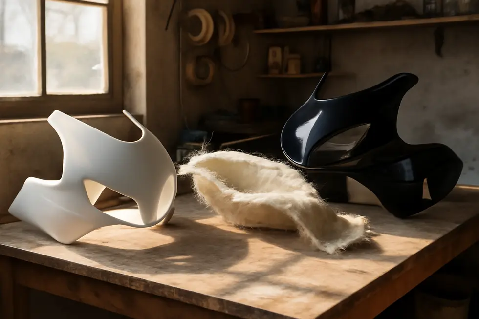 Photo-realistic workshop showing motorcycle fairing molds at multiple production stages with natural light.