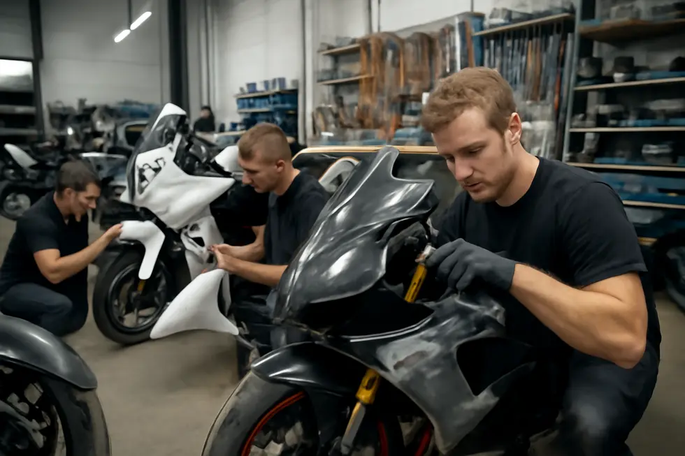 Modern motorcycle repair shop with technicians working on fairings and motorcycles, displaying tools and repair parts.