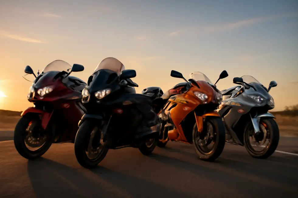 Various motorcycles fitted with diverse fairings riding on a road at sunset representing quality and style
