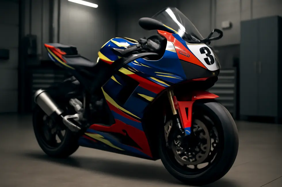 Sport motorcycle with colorful fairing sticker kits and graphics parked in a professional garage environment under ambient lighting.