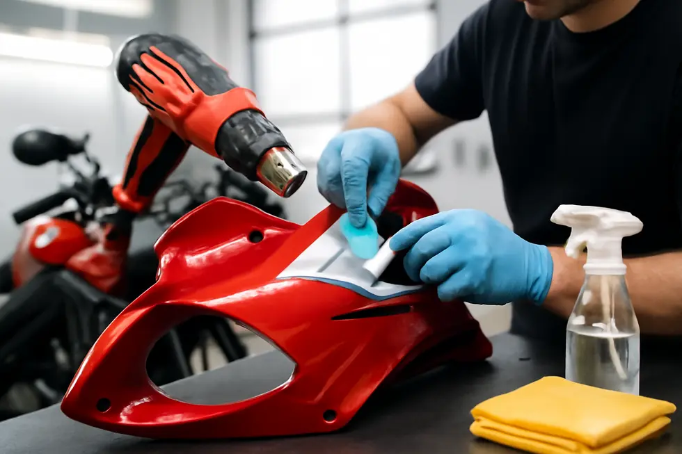Motorcycle fairing being cleaned and gently heated by a professional in a well-lit workshop.