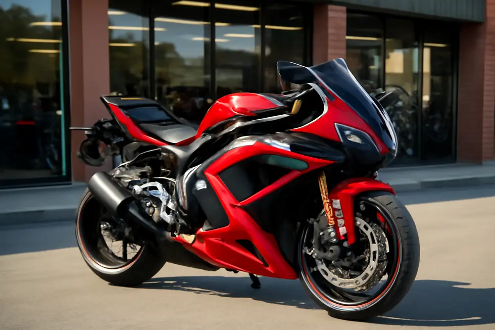 A sportbike featuring vibrant aftermarket fairings parked outside a dealership, highlighting precise fitment and premium materials.