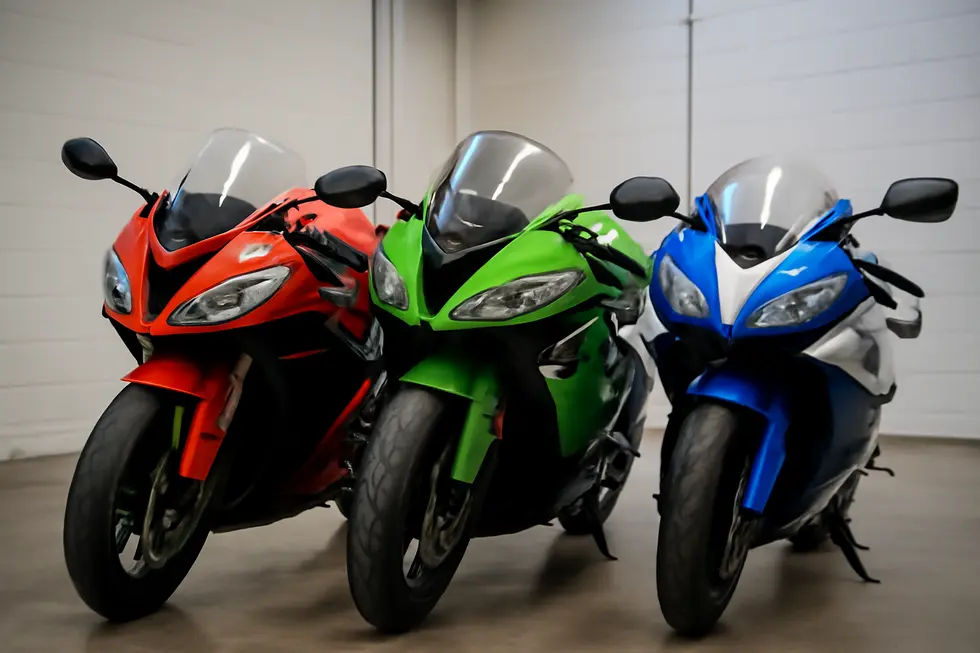 An assortment of motorcycle fairings in a clean environment, symbolizing the importance of using appropriate cleaning techniques.