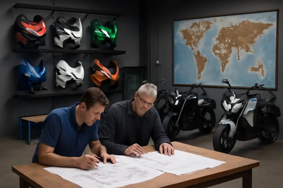 Motorcycle workshop with numerous fairings, engineers working, electric motorcycles, and a map showing global supplier regions.