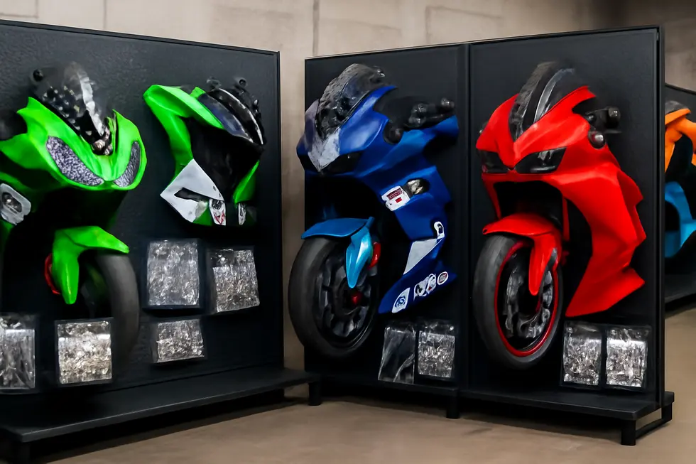 Workshop interior displaying multiple motorcycle fairings of various popular models, organized on racks with accessories.