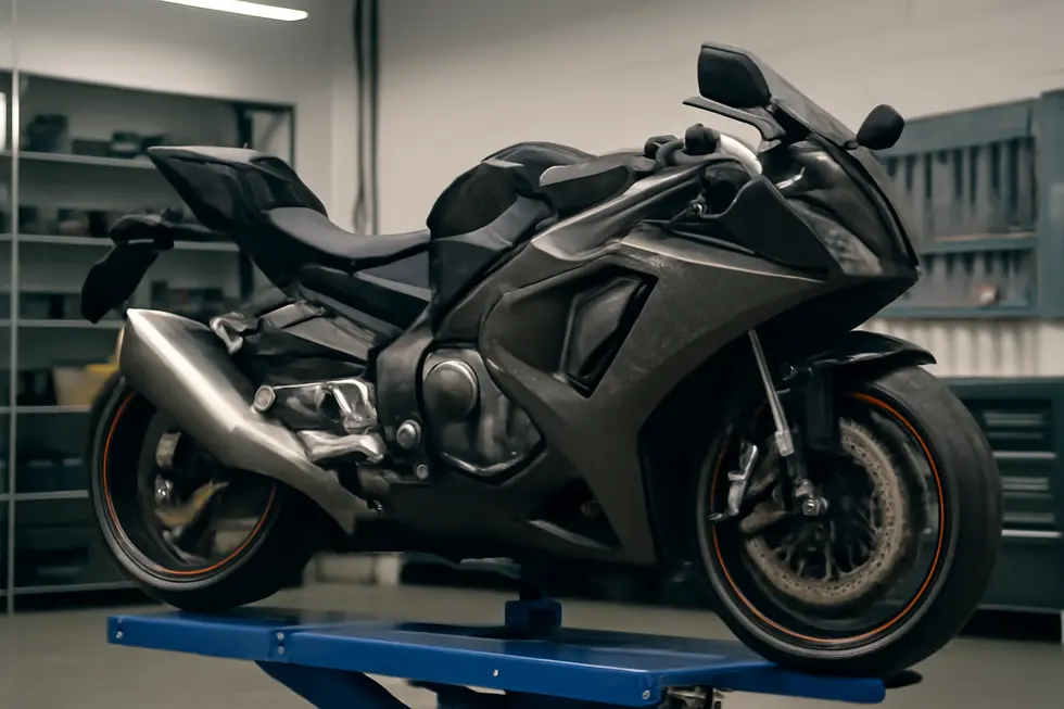 Photo-realistic image of a sport motorcycle with ABS fairings equipped with heat shields near exhaust and engine, in a well-lit workshop.