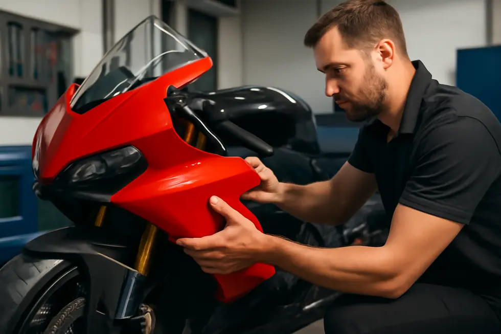 Mechanic fitting glossy OEM fairing panel onto sportbike in professional workshop setting.
