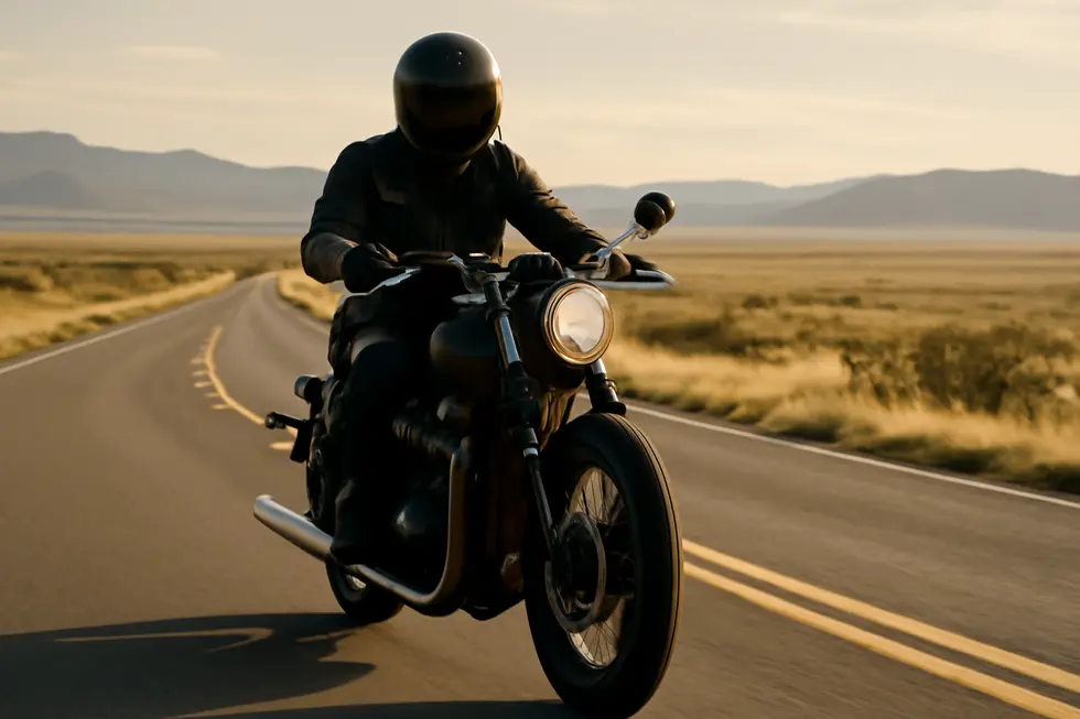 A person riding a no fairing motorcycle on an open road, with picturesque landscapes capturing the essence of the ride.