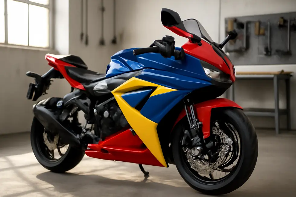 Vivid, brightly lit motorcycle with freshly painted glossy fairings displayed in a workshop setting.