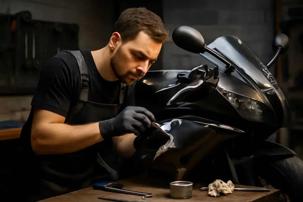Motorcycle technician repairing a damaged sportbike fairing in a detailed, well-lit workshop environment.