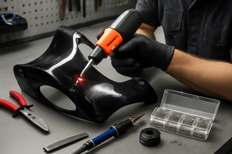 Photo-realistic image of a motorcycle fairing repair using a hot staple plastic welder in a clean workshop.