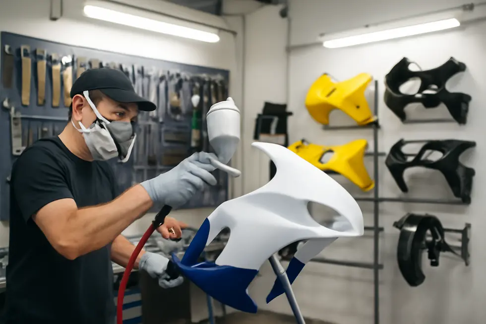 Bright workshop with technician spray-painting a motorcycle fairing surrounded by tools and drying racks.