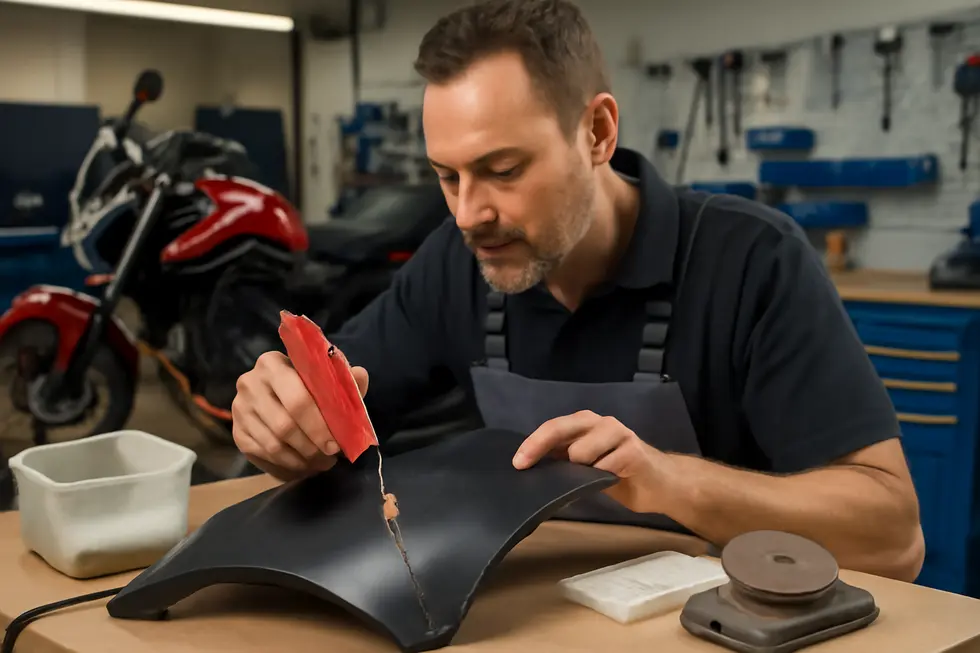A professional repairing a cracked plastic motorcycle fairing with hot staple welding and fiberglass tools in a bright workshop.