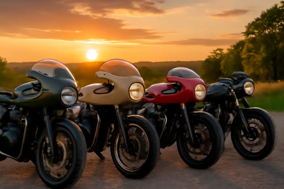 Multiple motorcycles displayed outdoors with diverse retro style fairings including classic round headlights and streamlined shapes.