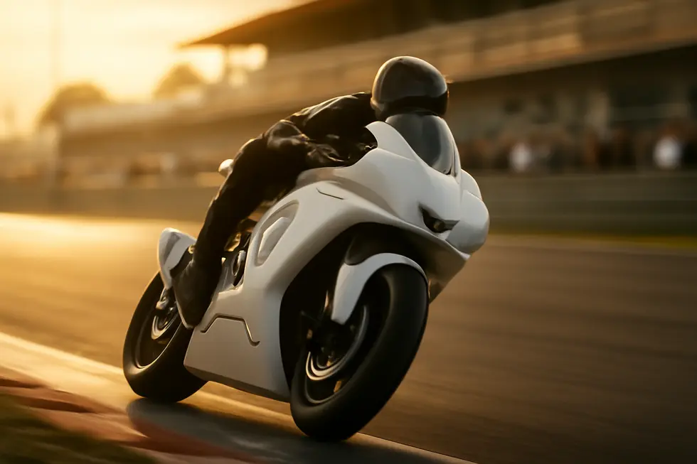 Modern sportbike with Sharkskinz motorcycle fairings speeding on a race track during sunrise, highlighting durability and aerodynamic design.