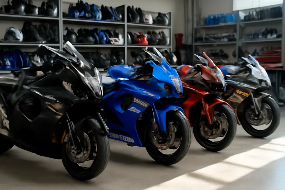 Multiple Suzuki sportbikes featuring different aftermarket fairing kits, colors, and fits in a professional workshop showroom.