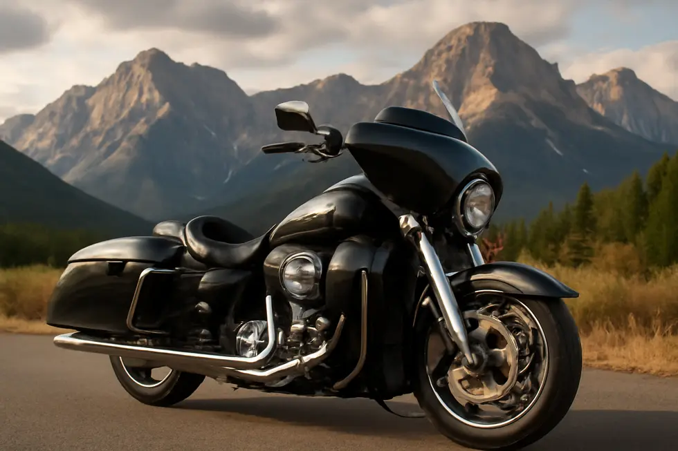 Touring motorcycle on a scenic road, featuring aerodynamic leg fairings that enhance rider experience.