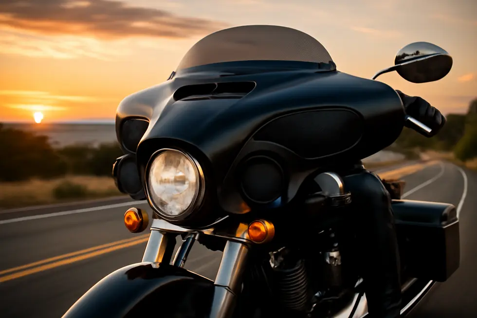 Motorcycle riding on highway with Tsukayu Batwing 6x9 fairing and visible stereo speakers in warm sunset light.