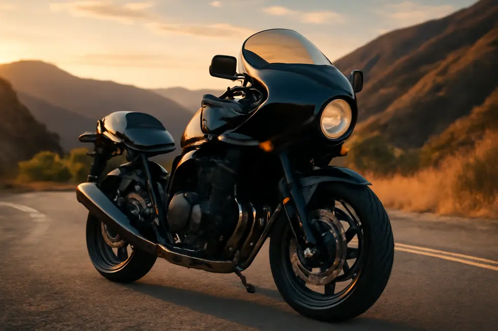 Sleek motorcycle with a universal fairing parked on a scenic mountainous road at golden hour, showing detailed aerodynamic and glossy features.