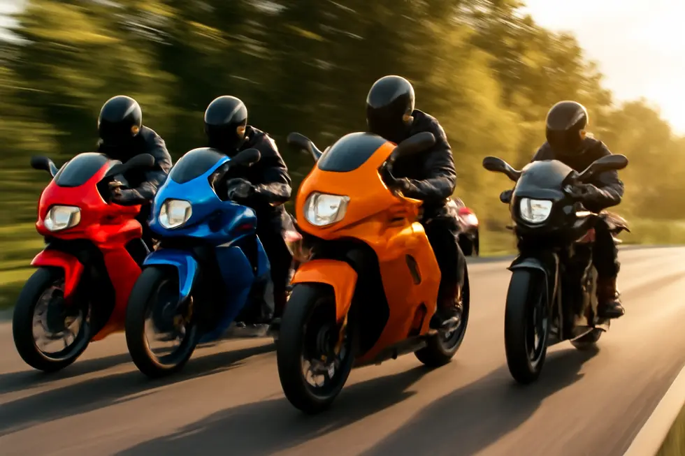 Multiple motorcycles from various brands fitted with diverse universal fairings on a road, showing aerodynamic design and customization.