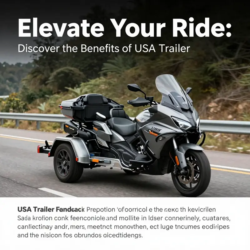 A motorcycle trailer features USA Trailer fairings, riding along a picturesque highway.