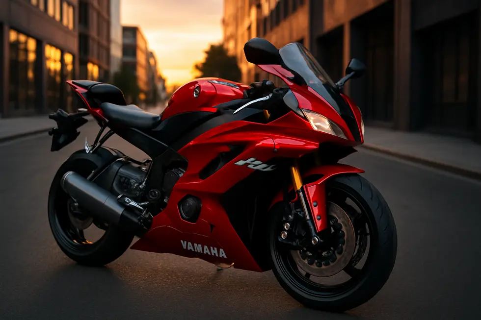 Motocyclette Yamaha R6 avec des protections brillantes et bien adaptées reflétant la lumière du coucher de soleil sur une rue urbaine.