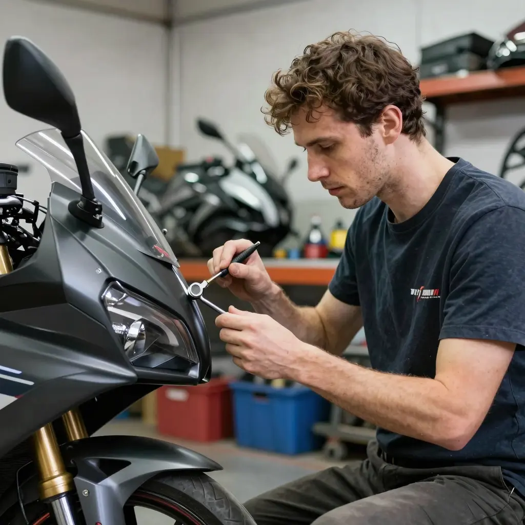 Motorcycle repair expert examining fairings