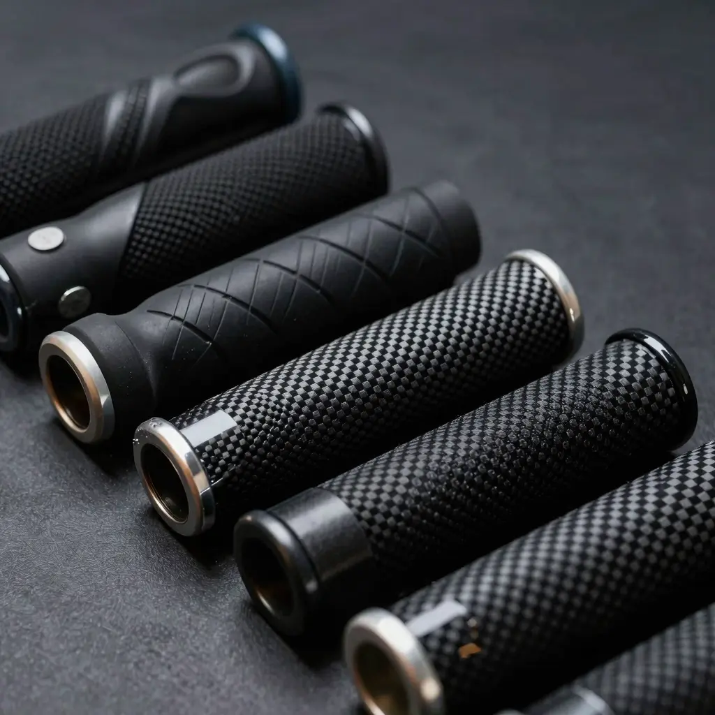 Various motorcycle grips showcasing different materials